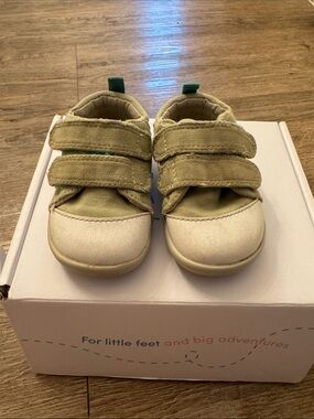 Baby Walker Shoes with Double Velcro Straps - Olive Green and Cream